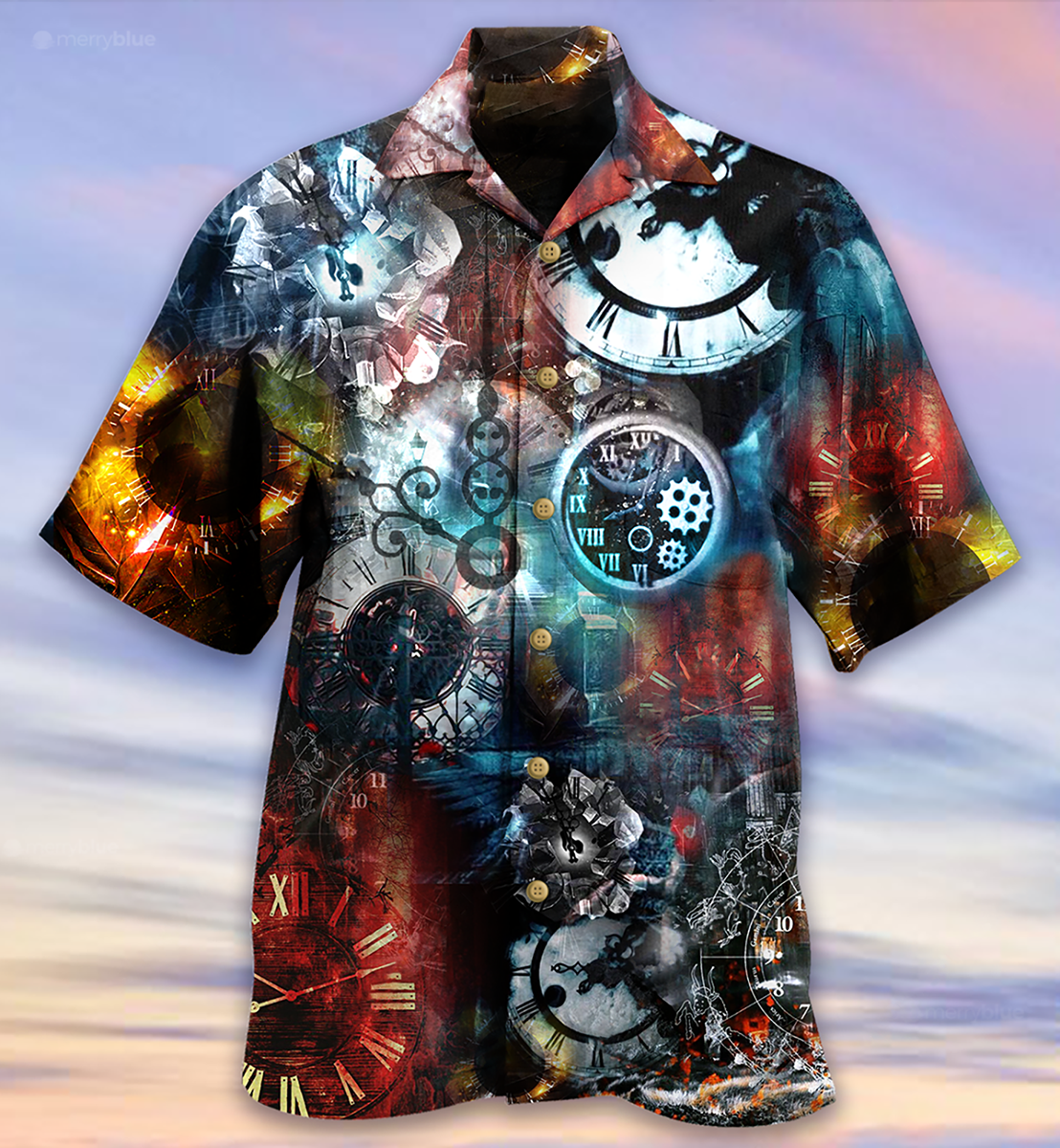 Vintage Clock Hawaiian Shirt With Detailed Graphic For Vacation Parties Beach Outings And Relaxed Daily Wear