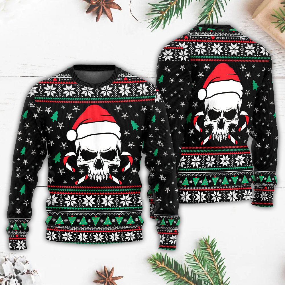 Christmas Skull Santa Hat Candy Sweater For Holiday Travel Winter Outings And Cheerful Gift Giving