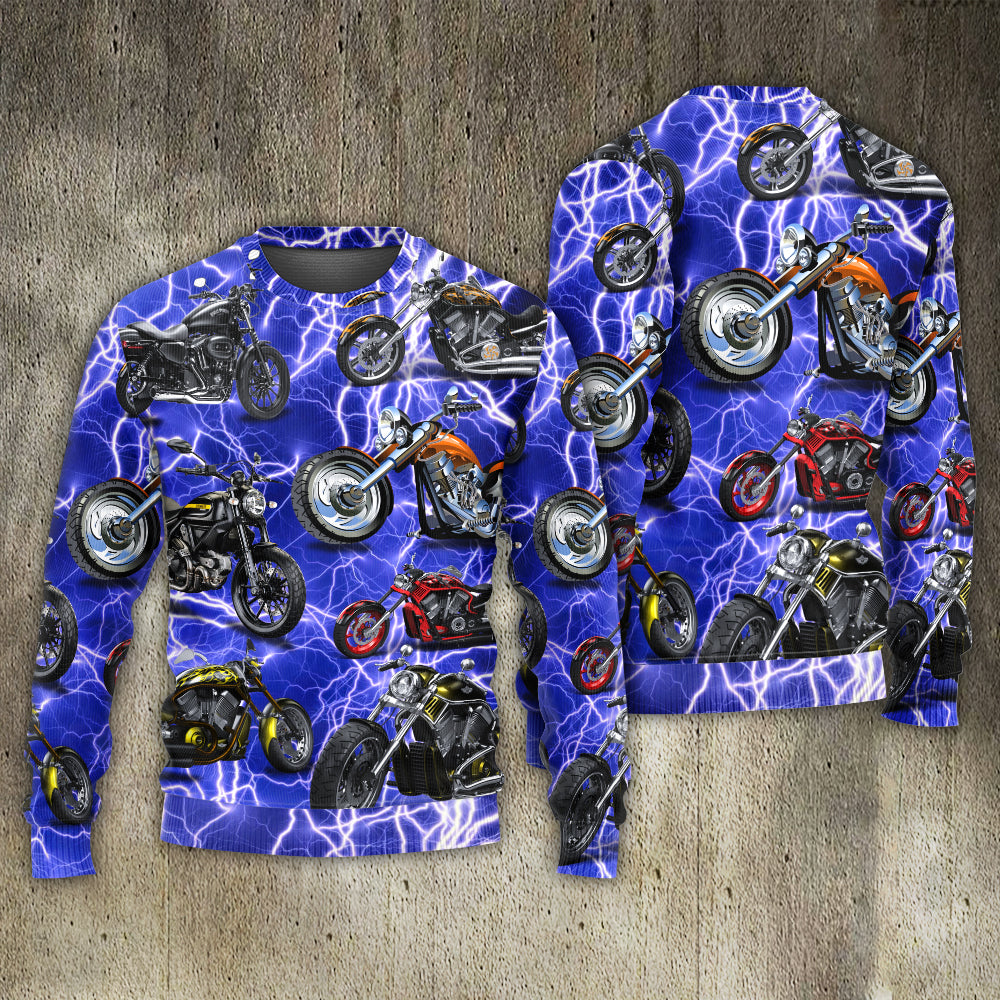 Motorcycle Lightning Blue Sweater For Vehicle Lovers Holidays Weekend Trips And Comfortable Wear