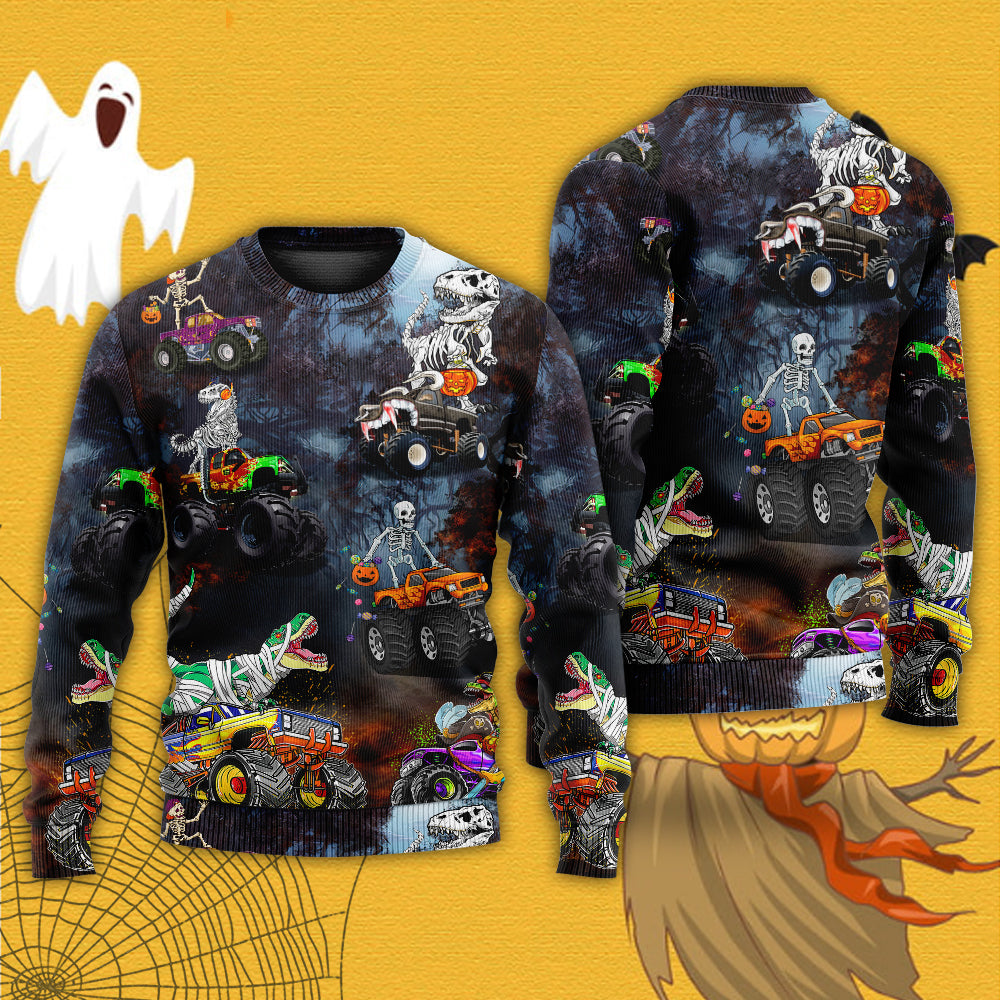 Halloween Skeleton Dinosaur Monster Truck Sweater For Art Lovers Holidays Parties And Comfortable Wear