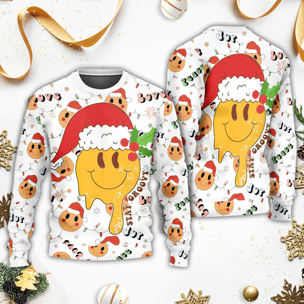 Christmas Hippie Groovy Santa Smile Face Sweater For Seasonal Parties Cozy Gatherings And Thoughtful Holiday Gifts