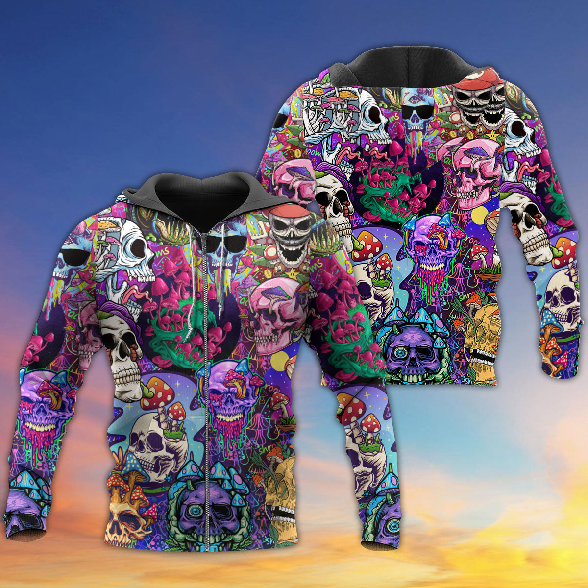 Hippie Colorful Mushroom Skull Hoodie For Peaceful Casual Style Weekend Travel And Comfort