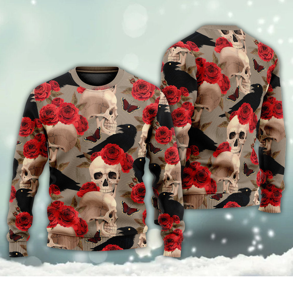 Skull With Rose Flower And Raven Gothic Sweater For Halloween Events Weekend Outings And Creative Gift Giving