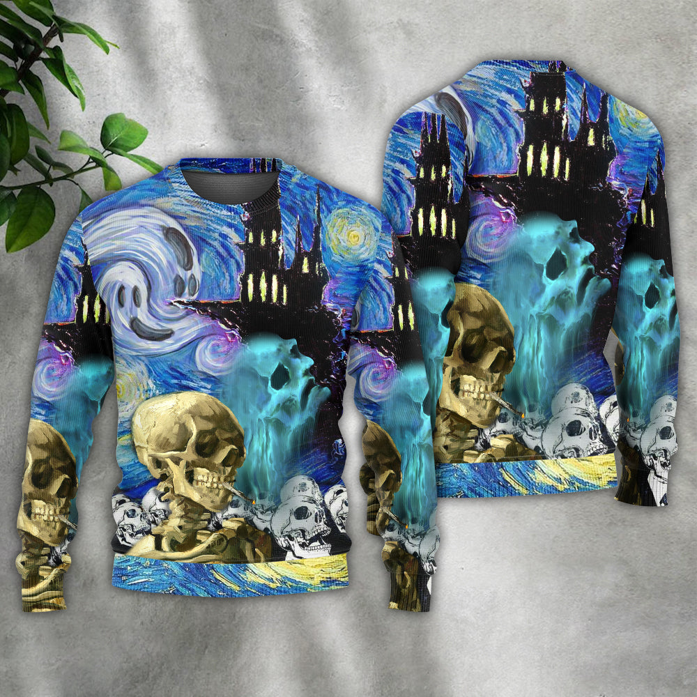 Halloween Skull Smoke Starry Night Sweater For Alternative Outfits Seasonal Events And Everyday Comfort