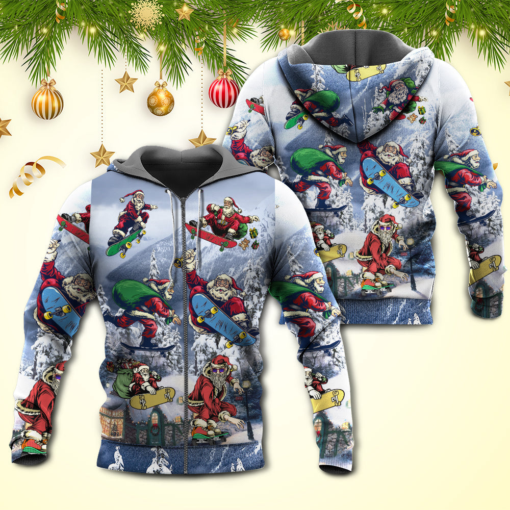 Santa Skateboard Snow Mountain Hoodie For Festive Celebrations Seasonal Trips And Relaxed Winter Wear