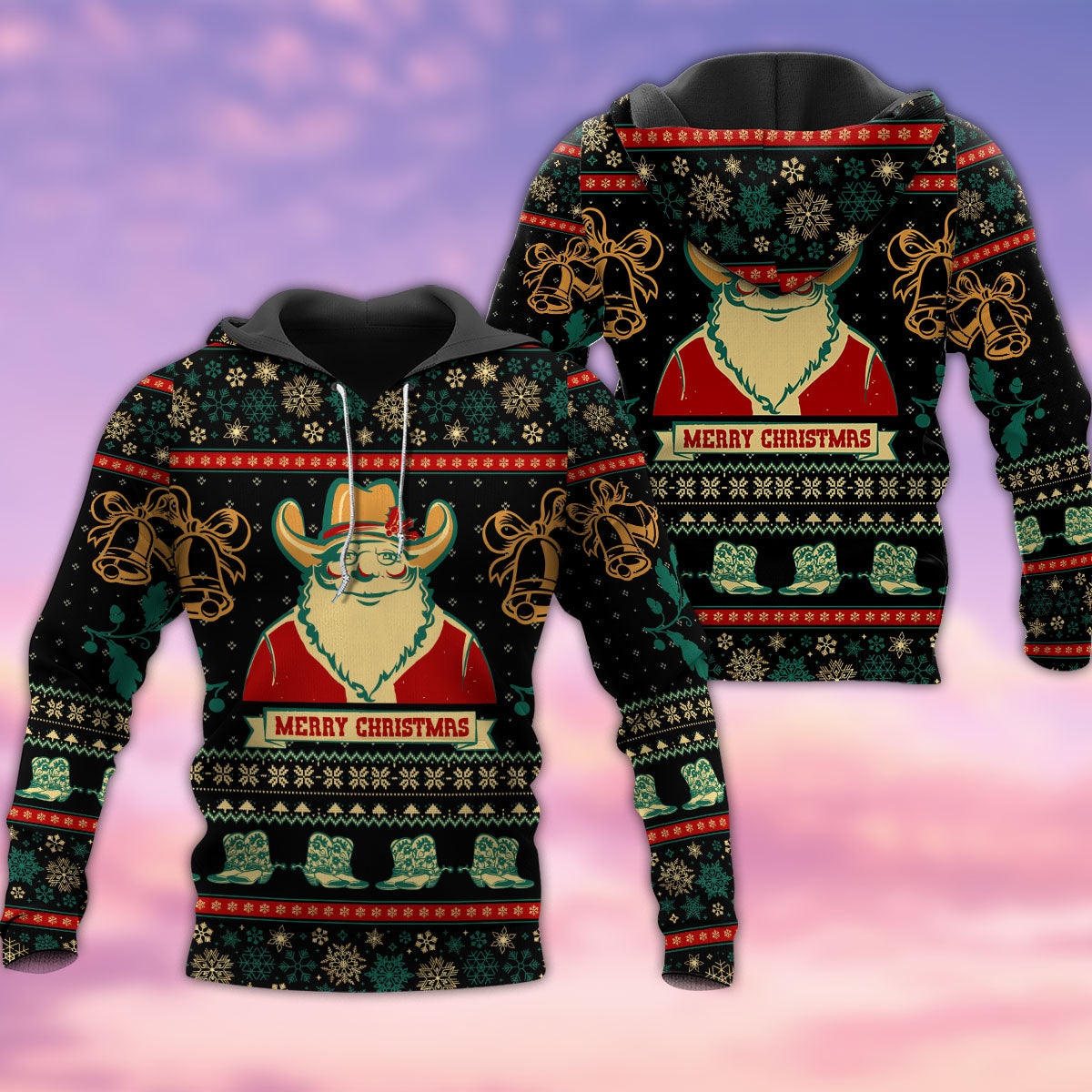 Santa Cowboy Giving Gifts Hoodie For Festive Family Moments Winter Wear And Holiday Gift Ideas