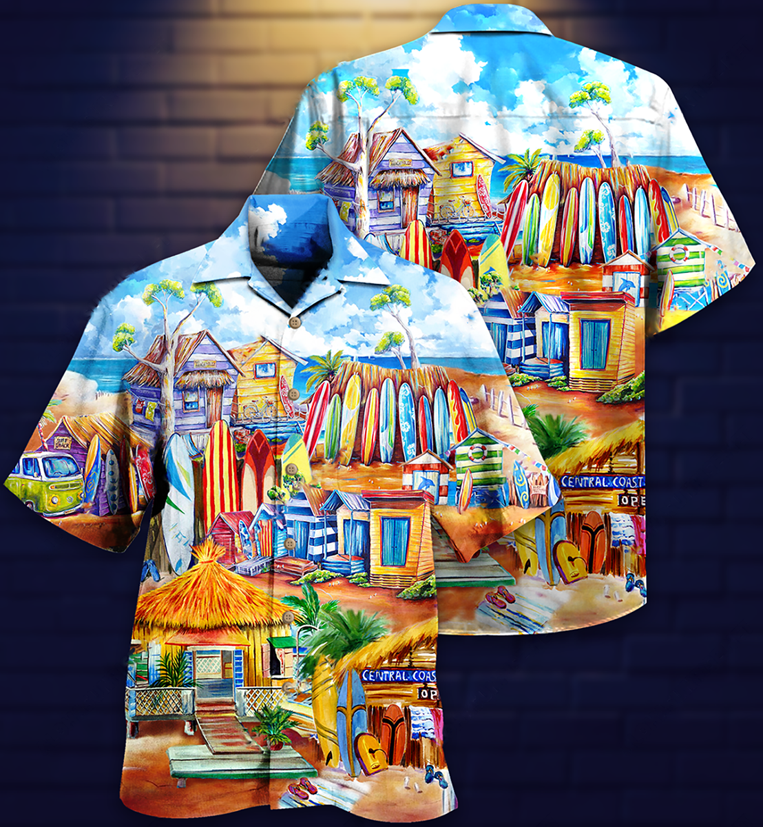 Surfing And Tropical Beach Hawaiian Shirt With Detailed Graphic For Island Holidays Summer Parties And Casual Outdoor Wear
