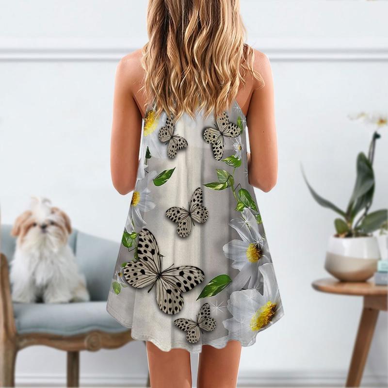 Dogs Daisy Butterfly Shih Tzu V-Neck Sleeveless Cami Dress For Floral Vacations And Casual Everyday Style