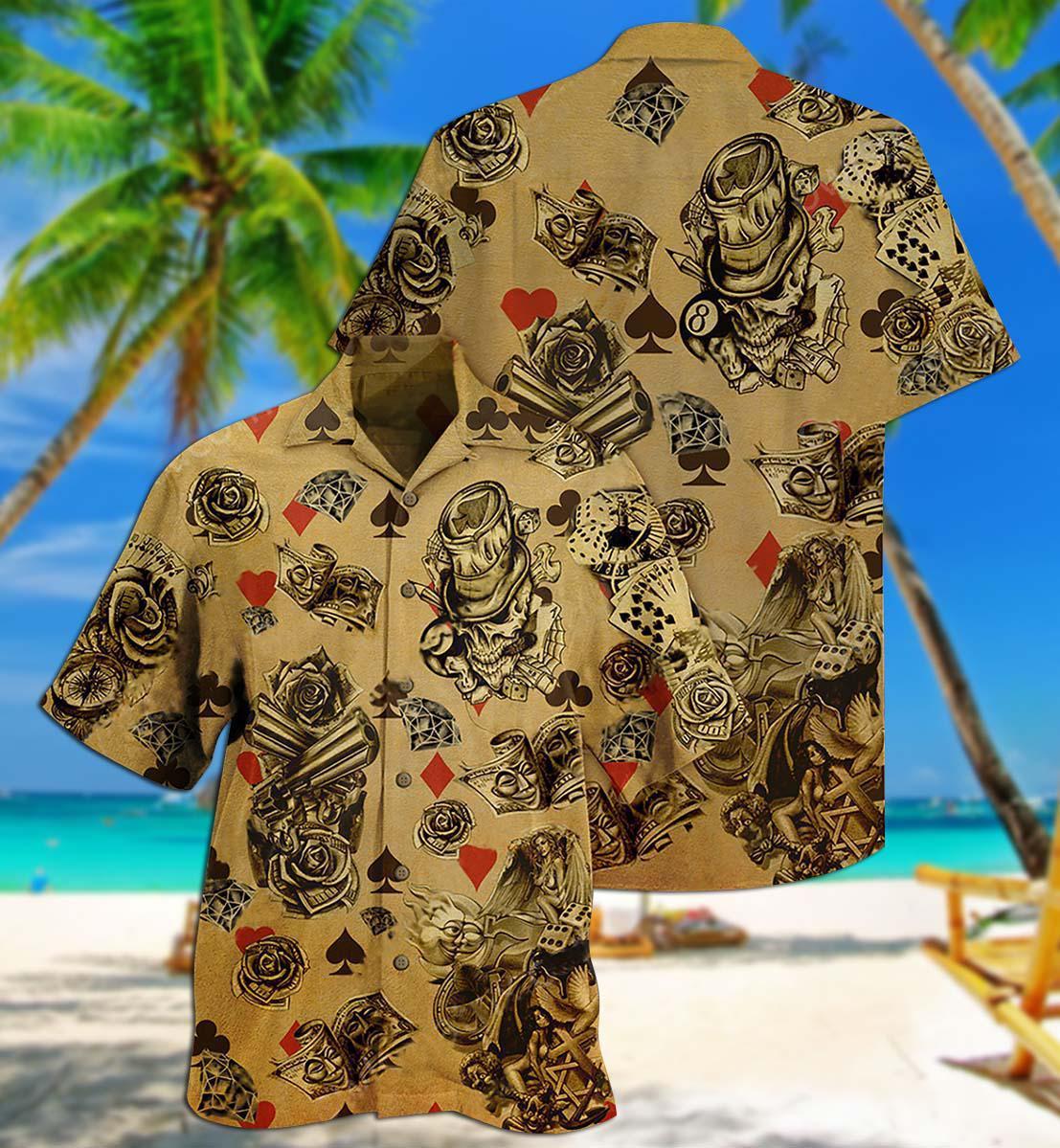 Floral Casino Cards And Skull Hawaiian Shirt With Detailed Graphic For Coastal Trips Outdoor Events And Relaxed Summer Wear