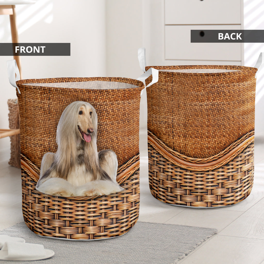 Afghan Hound Dog Rattan Texture Laundry Basket For Room Home Organizer