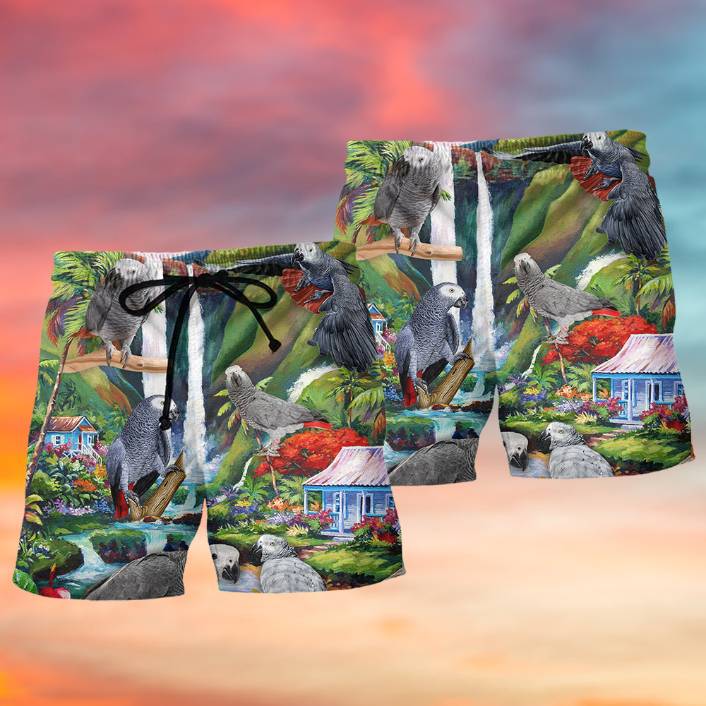 African Grey Parrot Tropical Beach Shorts Design View For Summer Events And Coastal Getaways