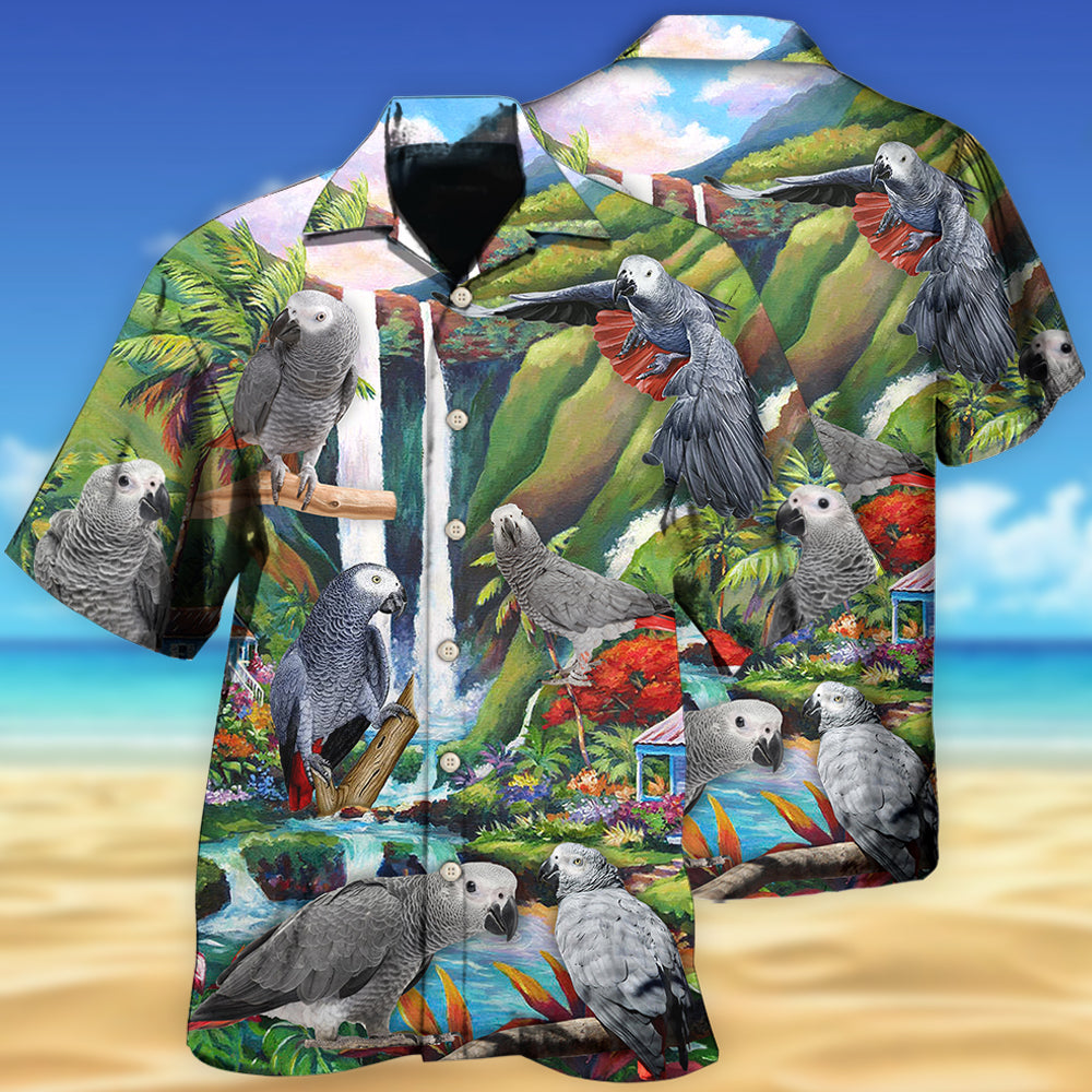 Gray Parrot African Hawaiian Shirt Pattern Detail For Vacation Travel And Daily Wear