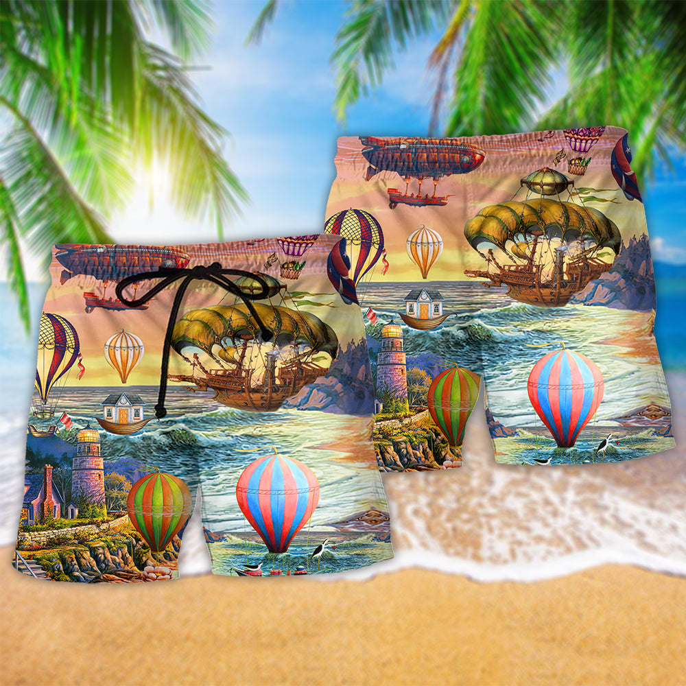 Steampunk Air Balloon Adventure Beach Shorts Pattern Detail For Summer Adventures And Vacation Ready Style