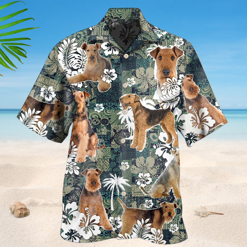 Tropical Airedale Terrier Dog Hawaiian Shirt For Resort Trips, Coastal Parties, And Warm Weather Style