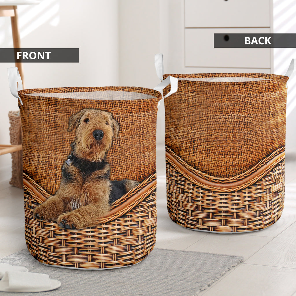 Airedale Terrier Dog Rattan Texture Laundry Basket For Room Home Organizer