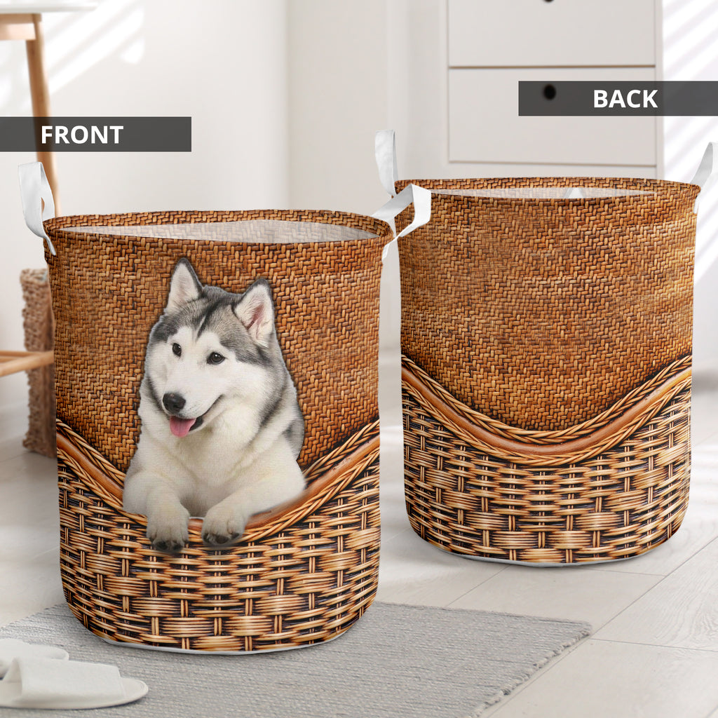 Alaskan Malamute Dog Rattan Texture Laundry Basket For Room Home Organizer