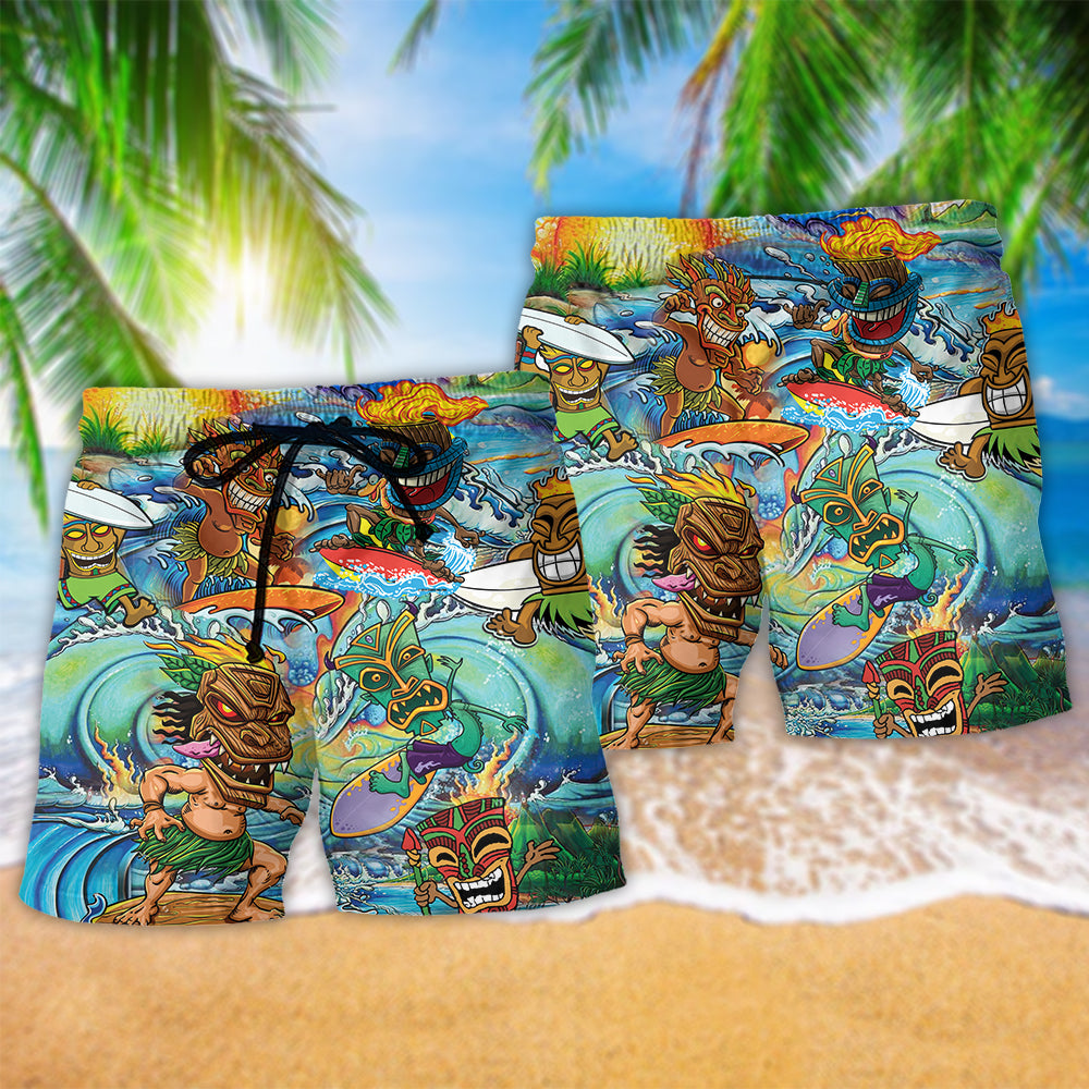 Tiki Aloha Surfing Into The Sunset Hawaiian Beach Shorts For Resort Trips And Poolside Style