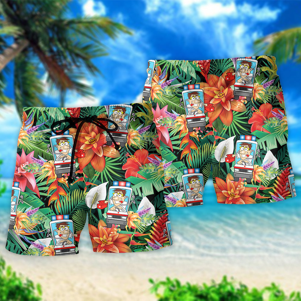 Ambulance Driver Tropical Beach Shorts Pattern Detail For Poolside Fun And Easygoing Coastal Style