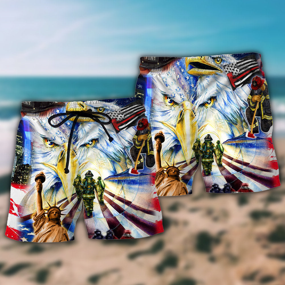 Firefighter America Pride Freedom Beach Shorts Pattern Detail For Cruise Vacations And Laid Back Daily Wear