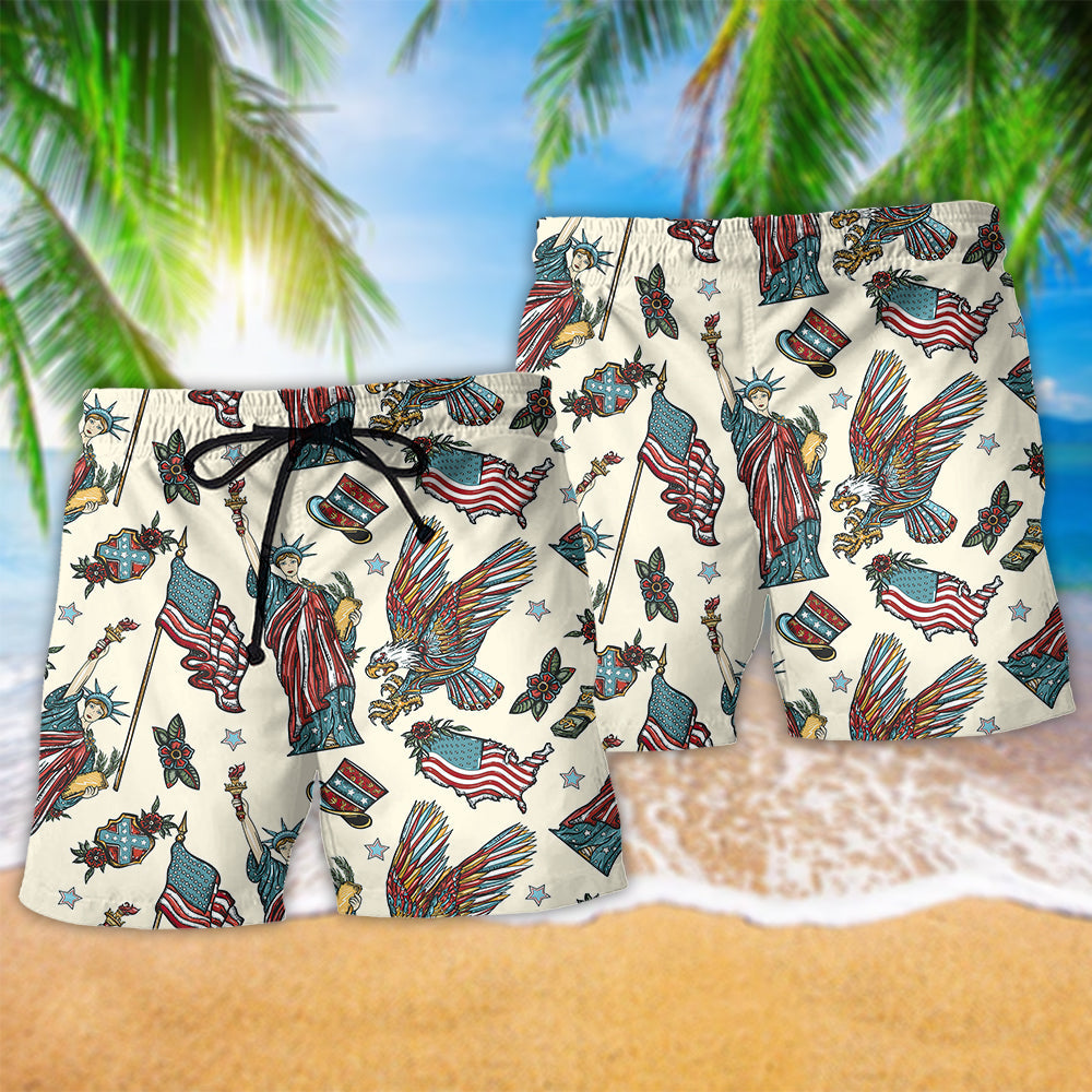 America Symbolic Beach Shorts Pattern Detail For Relaxed Weekends And Travel Ready Comfort