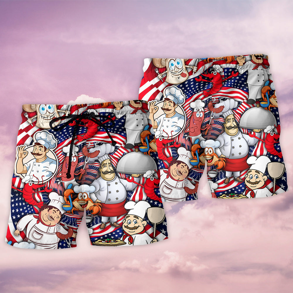 Patriotic Chef Independence Day Fun Beach Shorts Artwork Detail For Tropical Travel And Everyday Wear