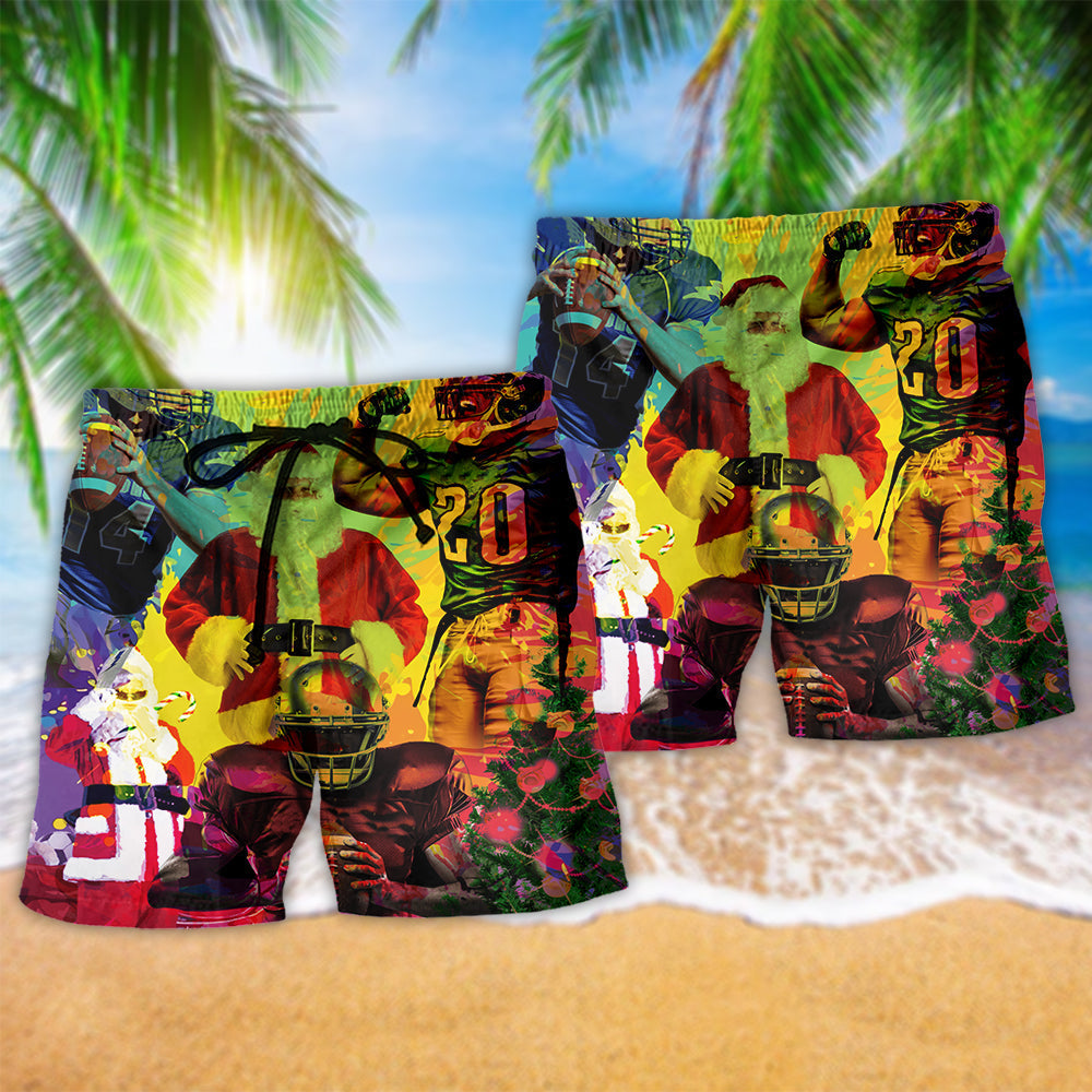 Christmas Americana Football Santa Beach Shorts Pattern Detail For Coastal Travel And Relaxed Casual Wear