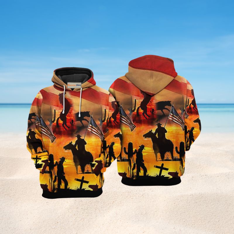 American Cowboy Sunset Hoodie For Equestrian Inspired Outfits Travel And Seasonal Gifting