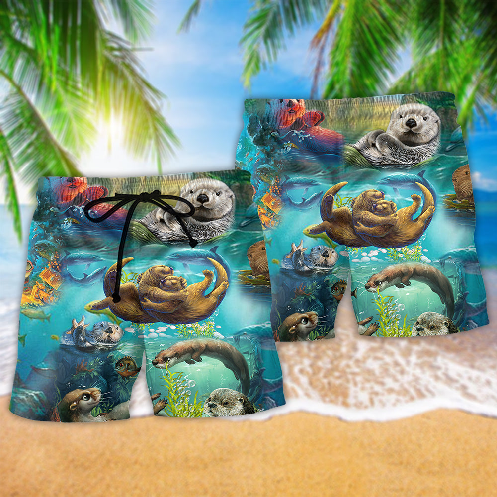 Playful Otter Pair Beach Shorts Pattern Detail For Sunny Day Activities And Bright Summer Outfits