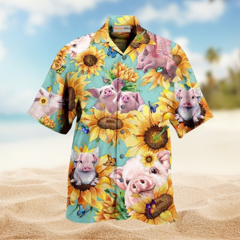 Amazing Pig Loves Sunflowers Hawaiian Shirt For Summer Vacation Beach Travel And Relaxed Casual Wear