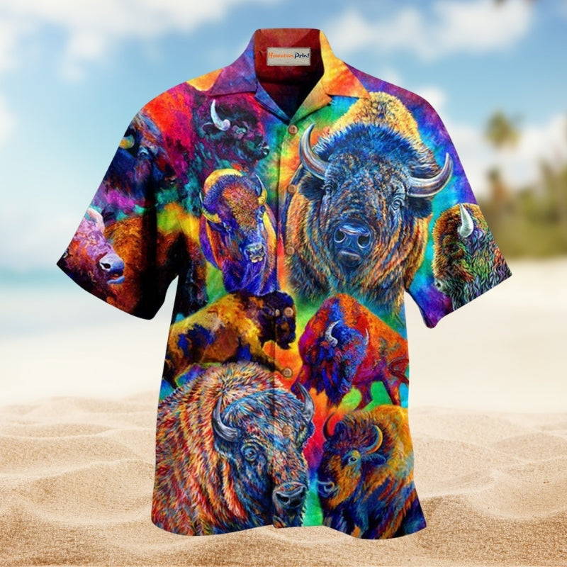 Colorful Bison Hawaiian Shirt For Coastal Adventures Outdoor Gatherings And Casual Warm Weather Wear