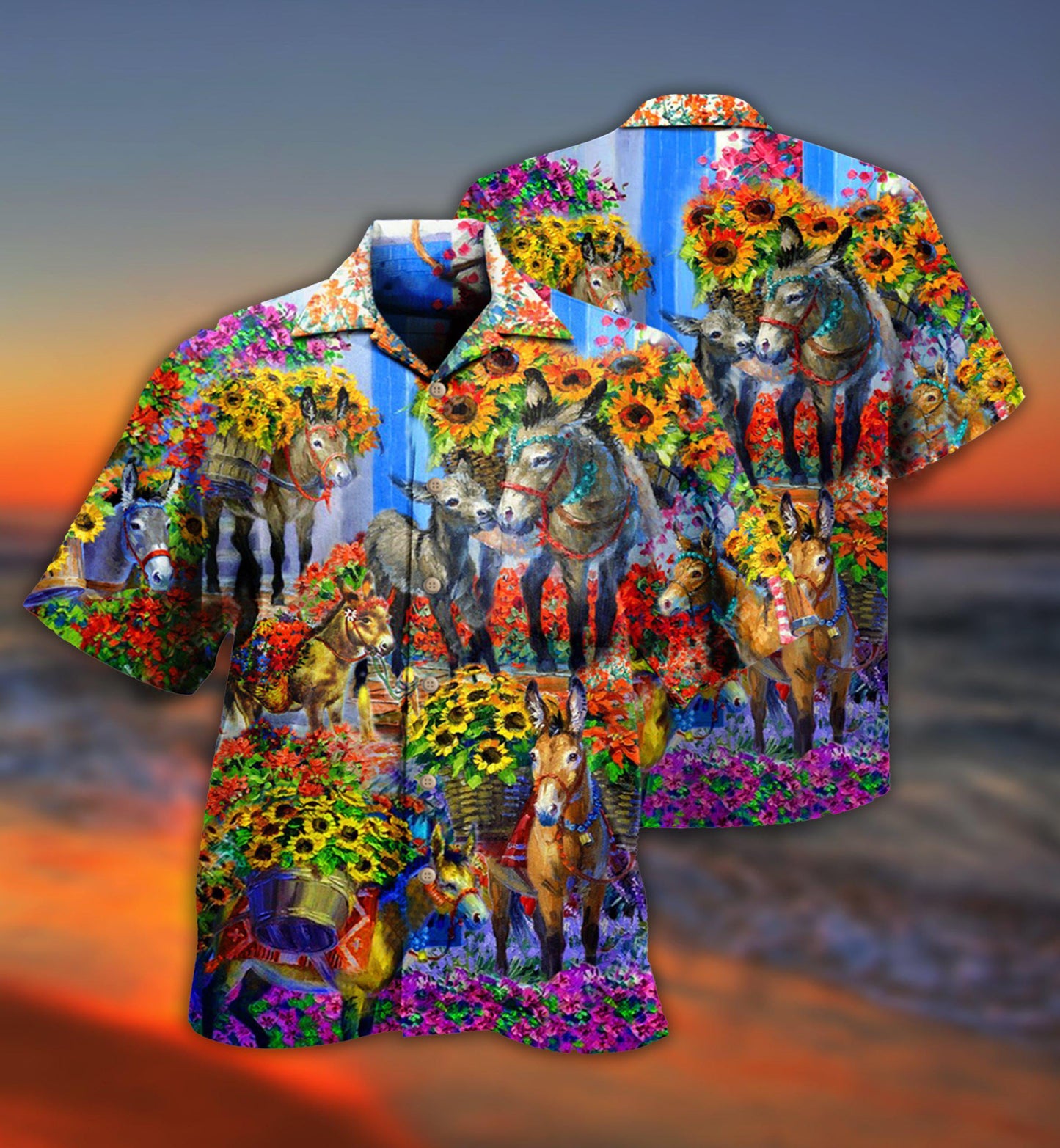 Sunflower Spring Donkey Hawaiian Shirt With Detailed Graphic For Vacation Parties Beach Outings And Relaxed Daily Wear