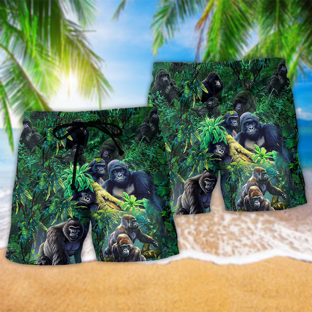 Gorilla Family Of In The Jungle Animals Hawaiian Beach Shorts For Sunny Getaways And Gifting