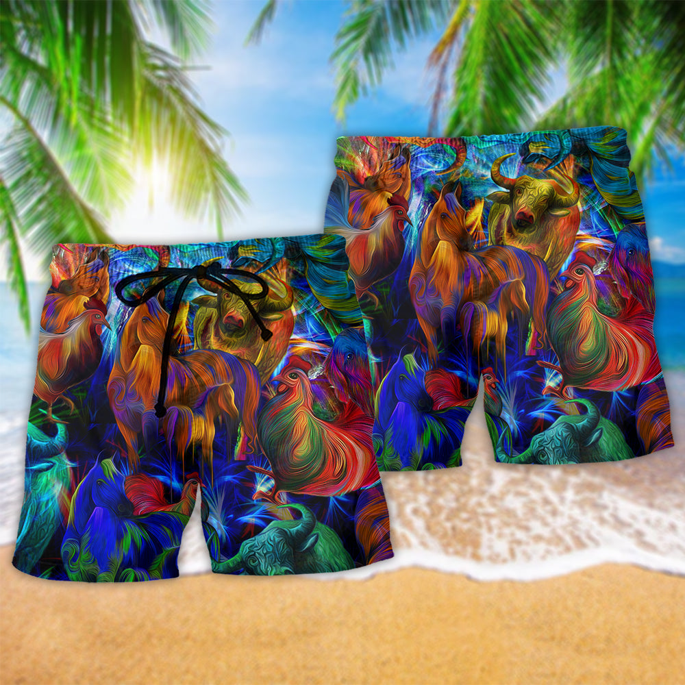 Proud Farmer Animal Color Beach Shorts Pattern Detail For Cruise Vacations And Vacation Ready Style
