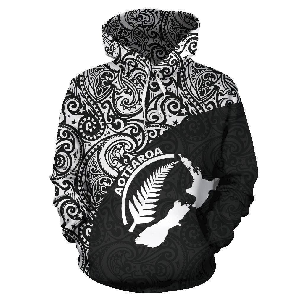 Silver Maori Map Fern Hoodie For Heritage Artwork Enthusiasts Weekend Trips And Gifting