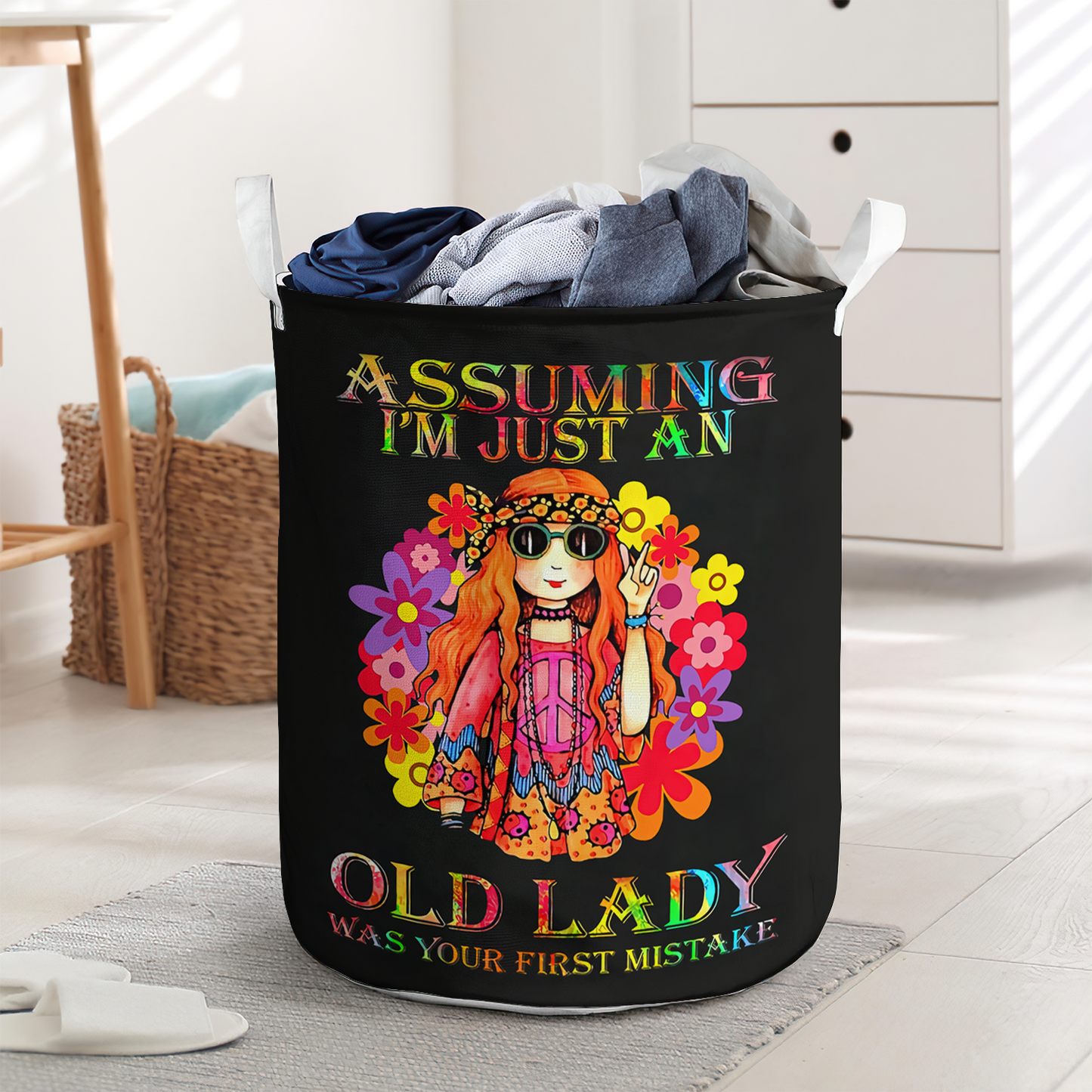 Assuming I'm Just An Old Lady Hippie Girl Laundry Basket For Bathroom Bedroom Storage
