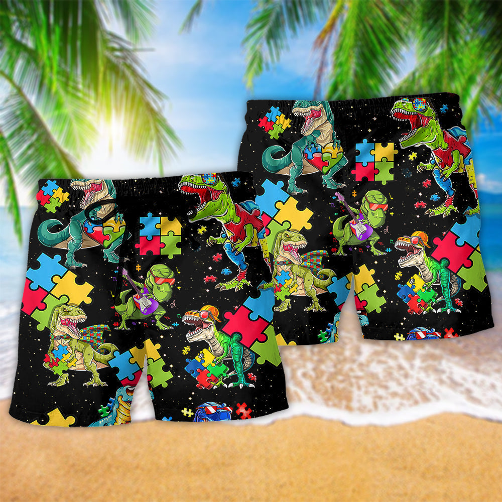 Autism Dinosaur Cool Black Beach Shorts Design View For Poolside Relaxation And Holiday Trips