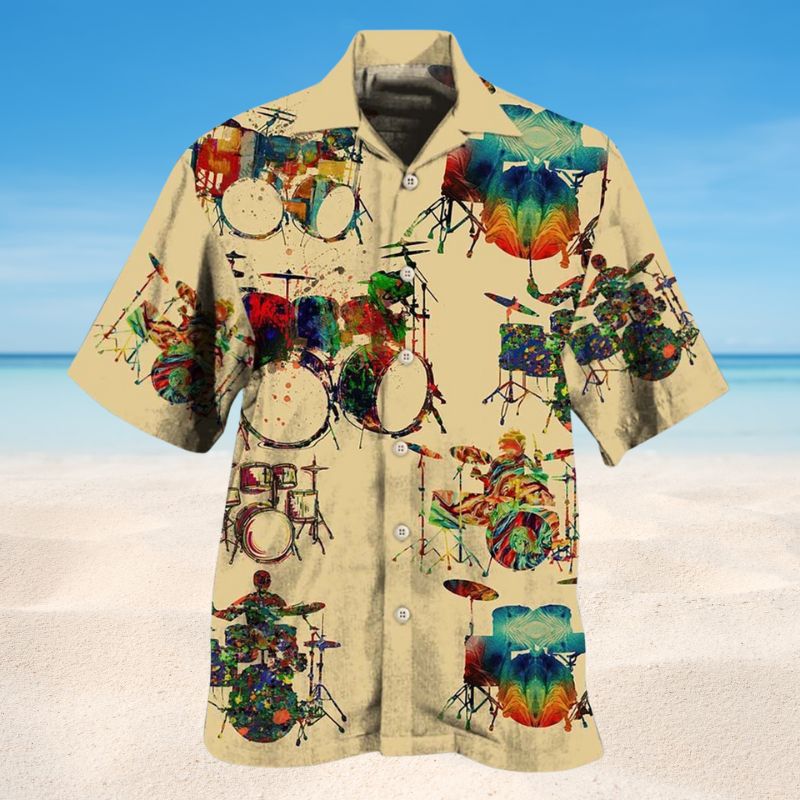 Bold Drum Music Hawaiian Shirt For Festival Travel, Beach Gatherings, And Relaxed Summer Style