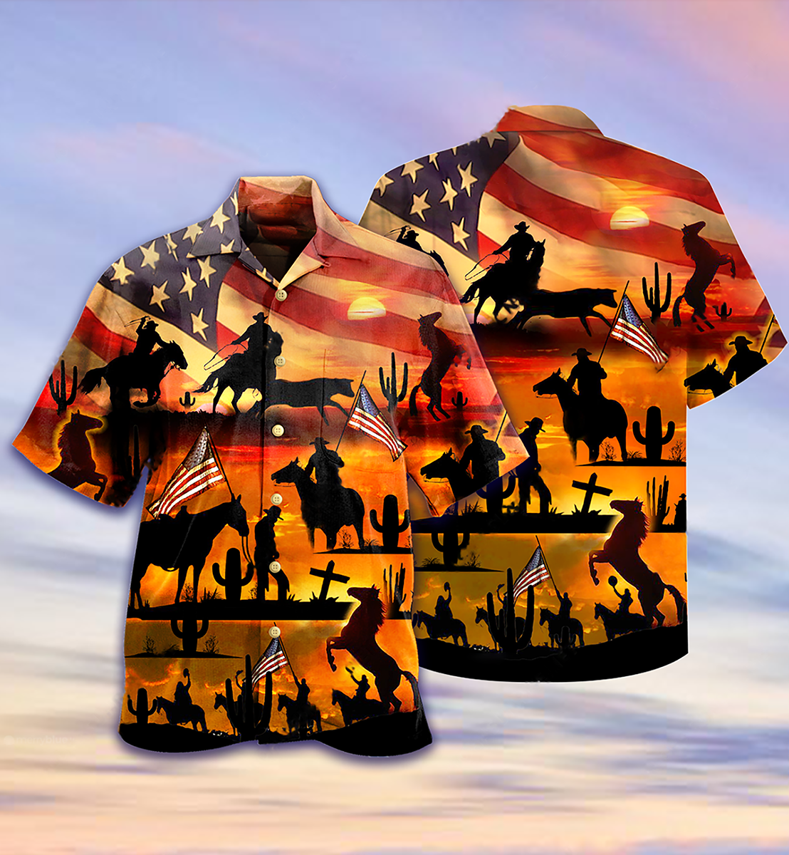 America Cowboy Sunset Hawaiian Shirt For Summer Gatherings Vacation Travel And Casual Everyday Style