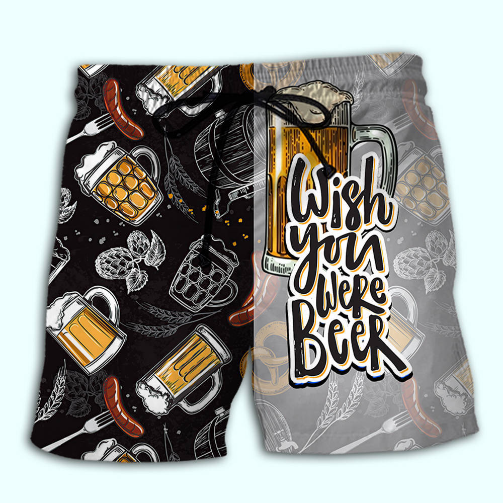 Beer Wish You Were Humor Quote Beach Shorts Artwork Detail For Casual Warm Weather Outfits