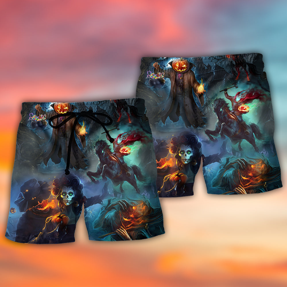 Halloween Skull Pumpkin Night Beach Shorts Pattern Detail For Weekend Travel And Warm Weather Wardrobe