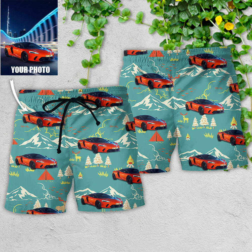 Car Driving Through Mountain Road Personalized Photo Beach Shorts Design View For Summer Events And Coastal Getaways