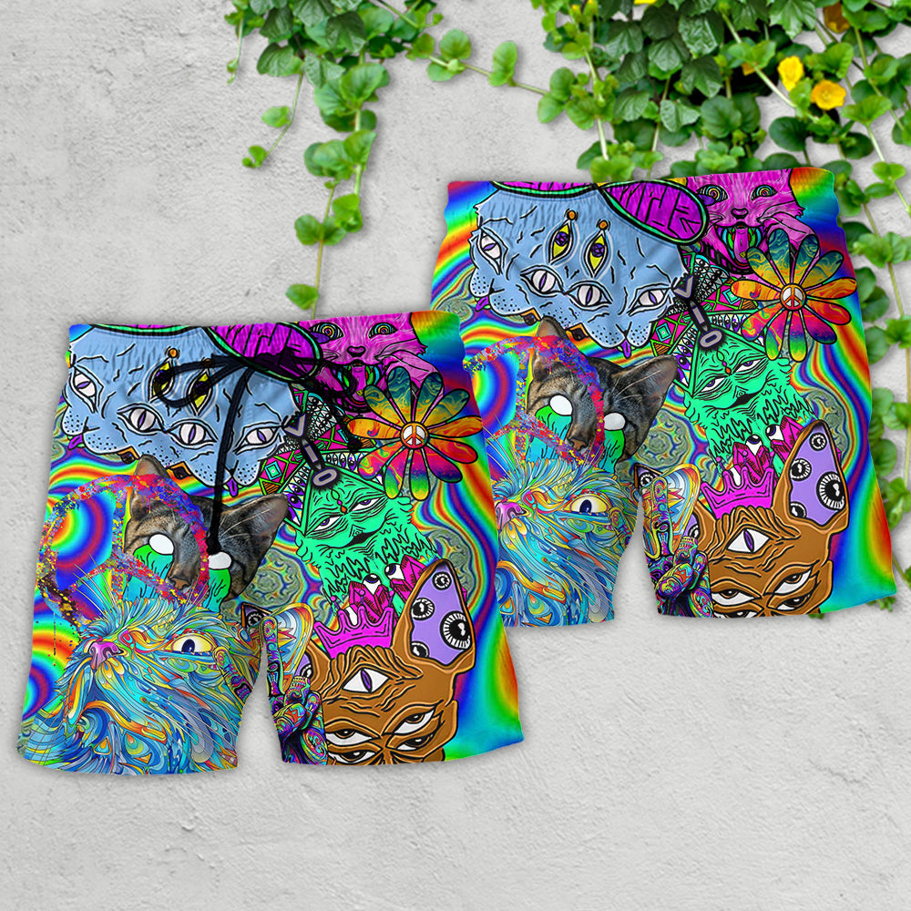 Hippie Cat Trippy Mind Beach Shorts Design View For Summer Events And Coastal Getaways