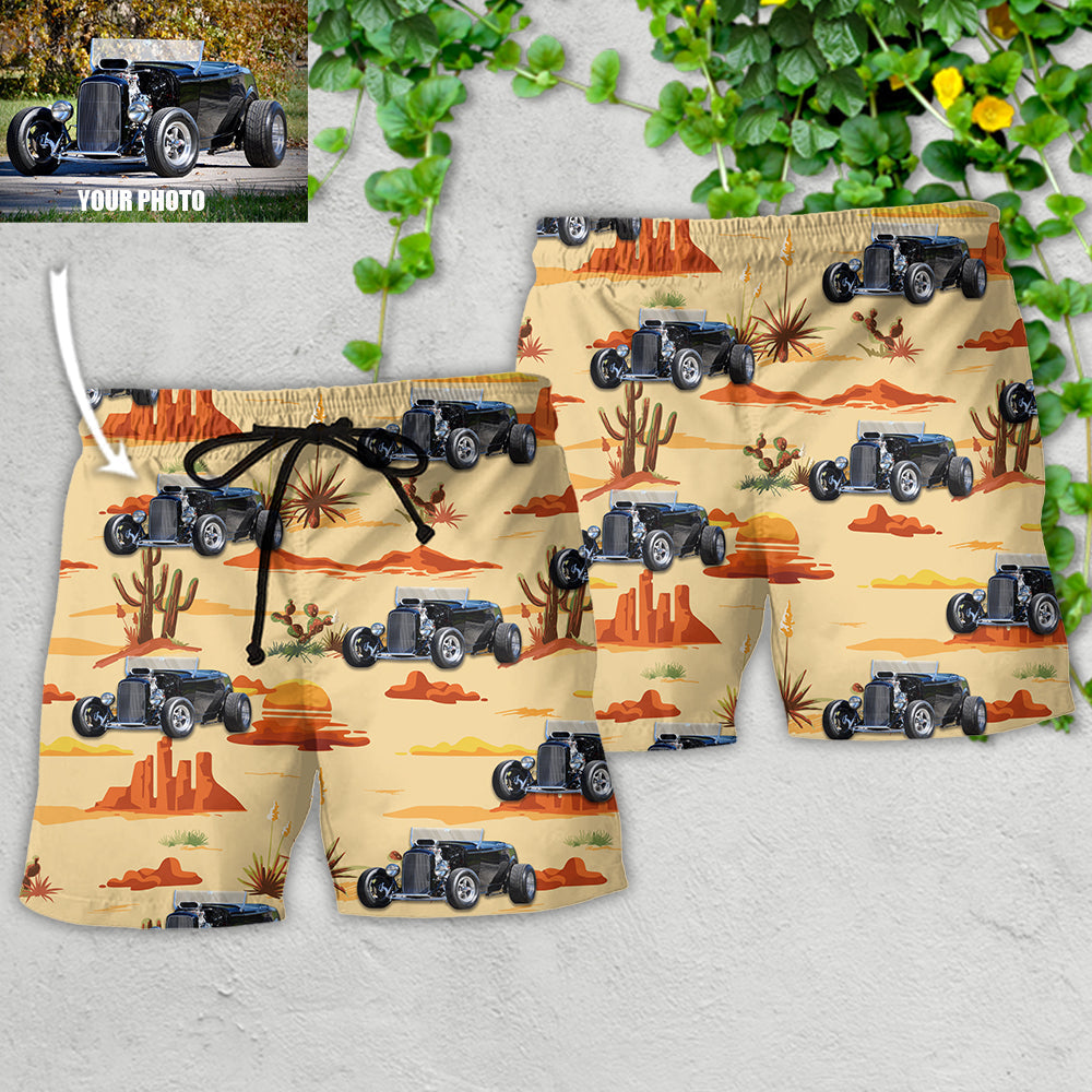 Hot Rod Cowboy Vintage Landscape Personalized Photo Beach Shorts For Summer Vacation And Coastal Travel