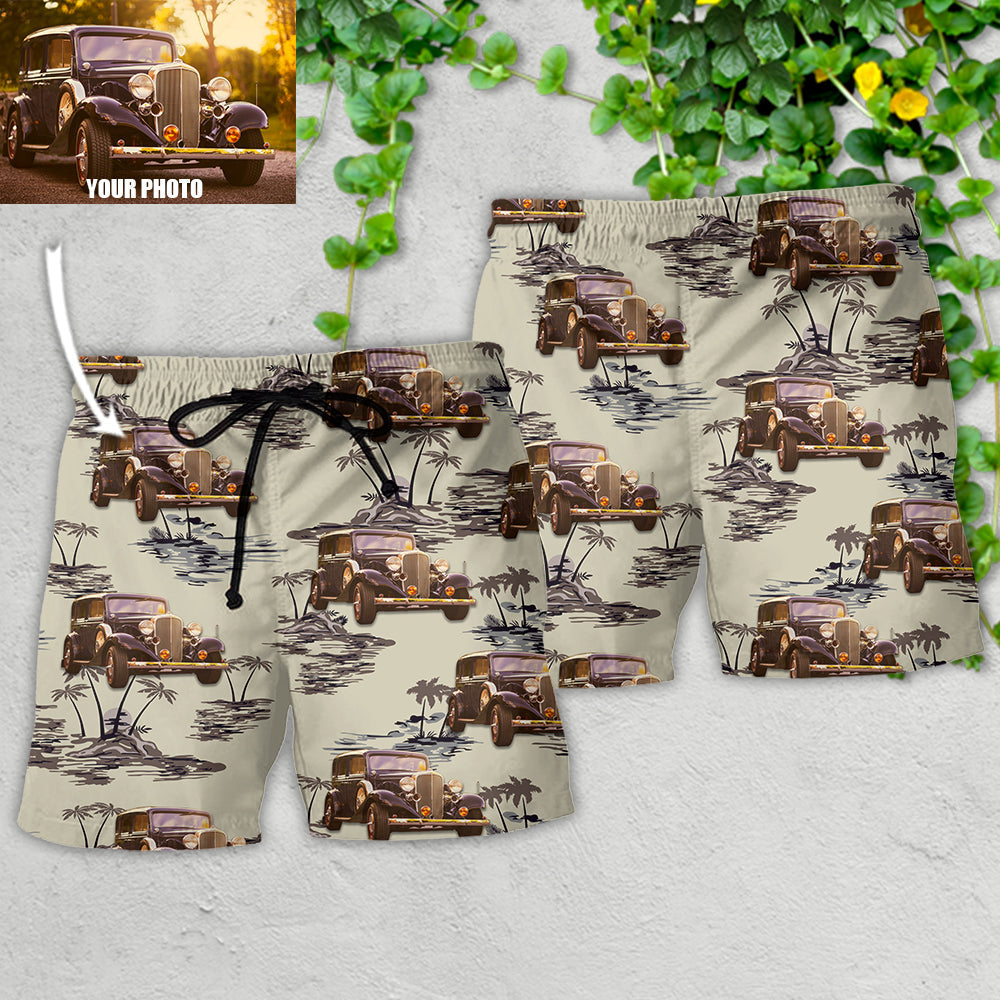 Vintage Car Tropical Island Palm Pattern Personalized Photo Beach Shorts Design Detail For Casual Warm Weather Outfits
