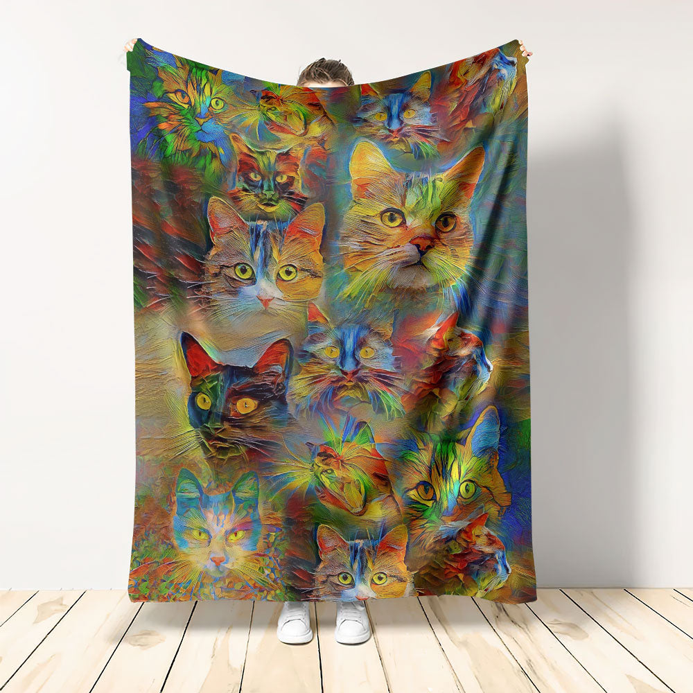Cat Beautiful Colorful Painting Flannel Blanket For Cozy Bedroom Sofa Decor