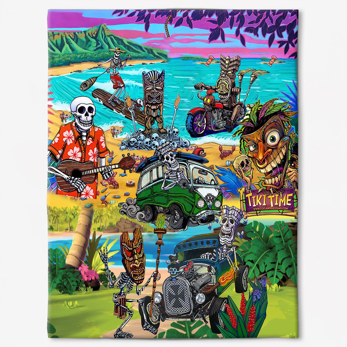 Skull And Tiki Summer Vibe Flannel Blanket For Cozy Bedroom Sofa Decor
