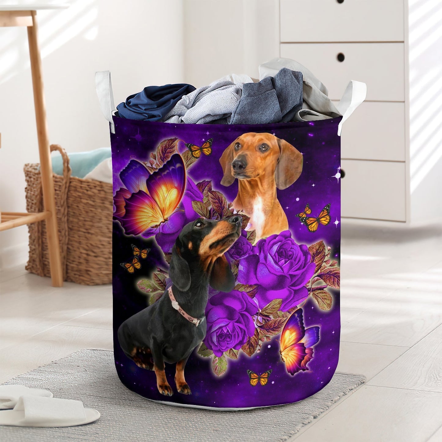 Baby Dachshund Butterfly Laundry Basket For Bathroom Bedroom Storage
