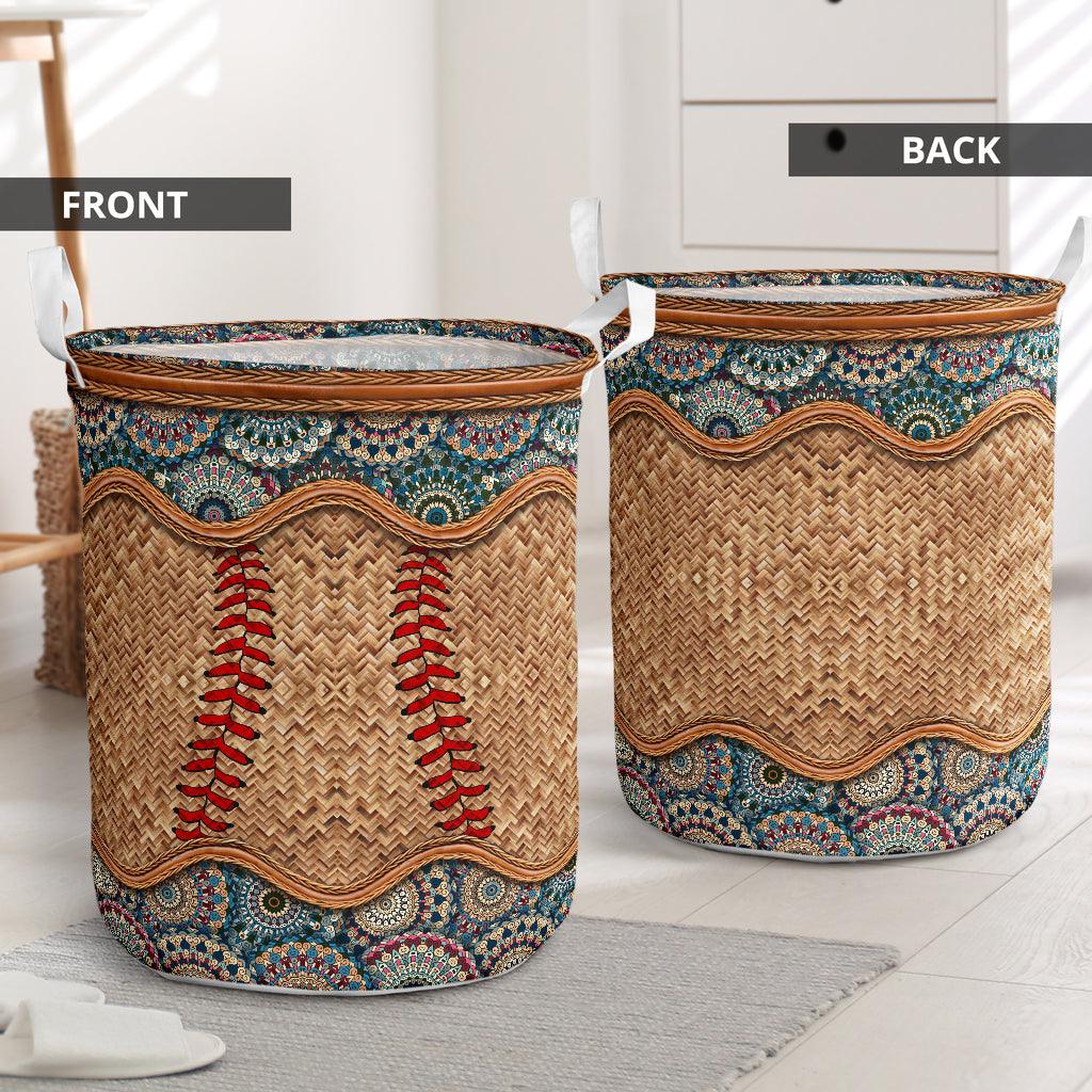 Baseball Rattan Mandala Laundry Basket For Nursery Dorm And Home Storage