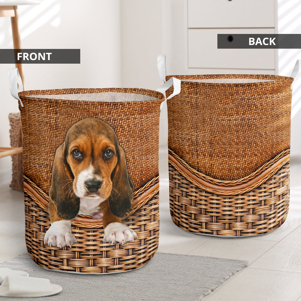 Basset Hound Dog Rattan Texture So Cute Laundry Basket For Nursery Dorm And Home Storage