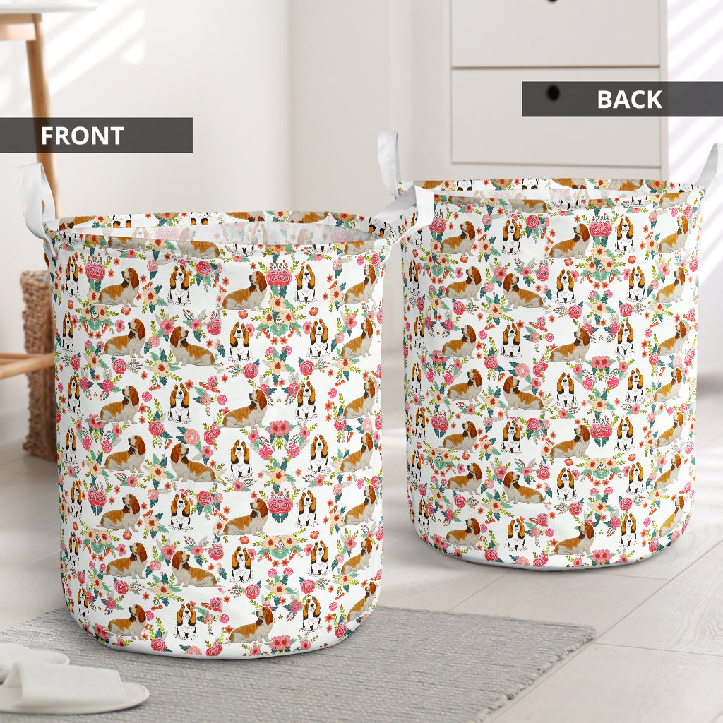 Basset Hound Flower Pattern Laundry Basket For Nursery Dorm And Home Storage